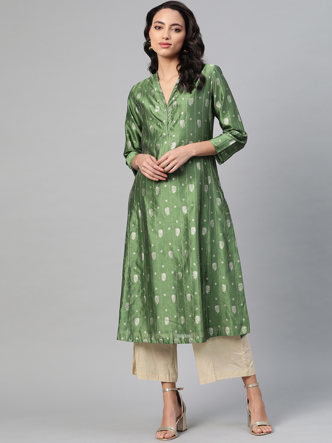 

Fabindia Women Green & Golden Woven Design A-Line Kurta