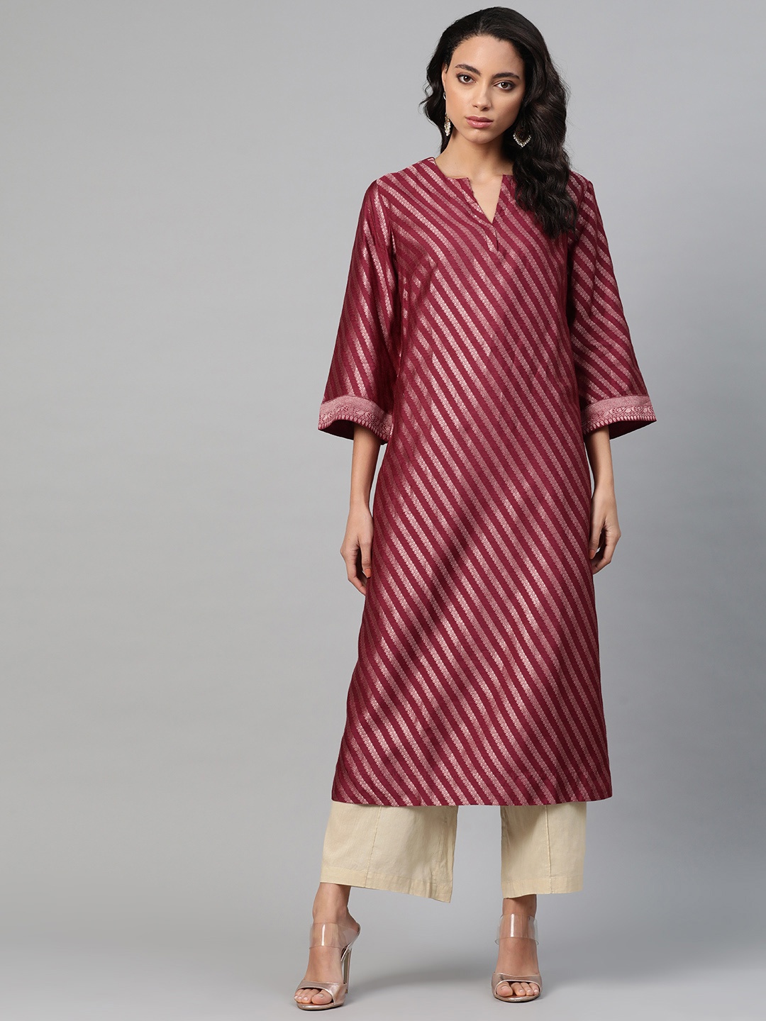 

Fabindia Women Burgundy & Golden Striped Straight Kurta