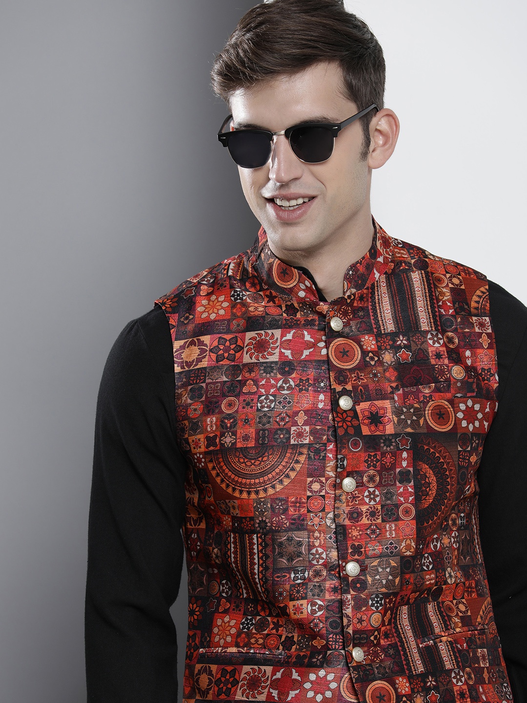 

The Indian Garage Co Ethnic Motifs Woven Design Mandarin Collar Nehru Jacket, Multi
