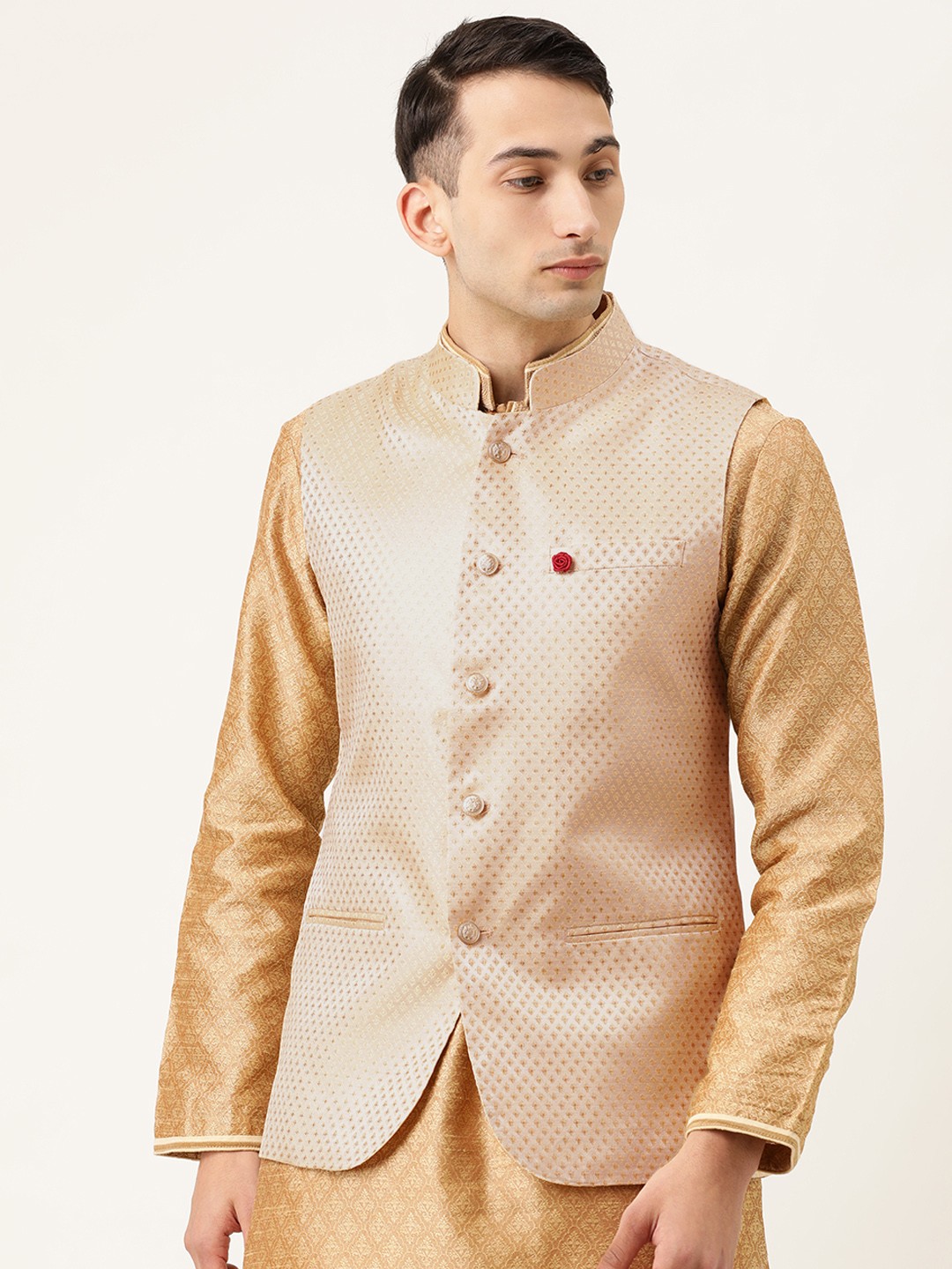 

The Indian Garage Co Men Golden Woven Design Nehru Jacket, Gold