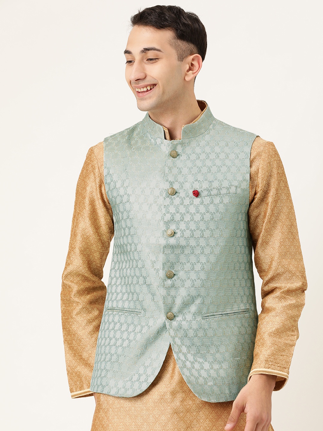 

The Indian Garage Co Men Sea Green Woven Design Nehru Jacket
