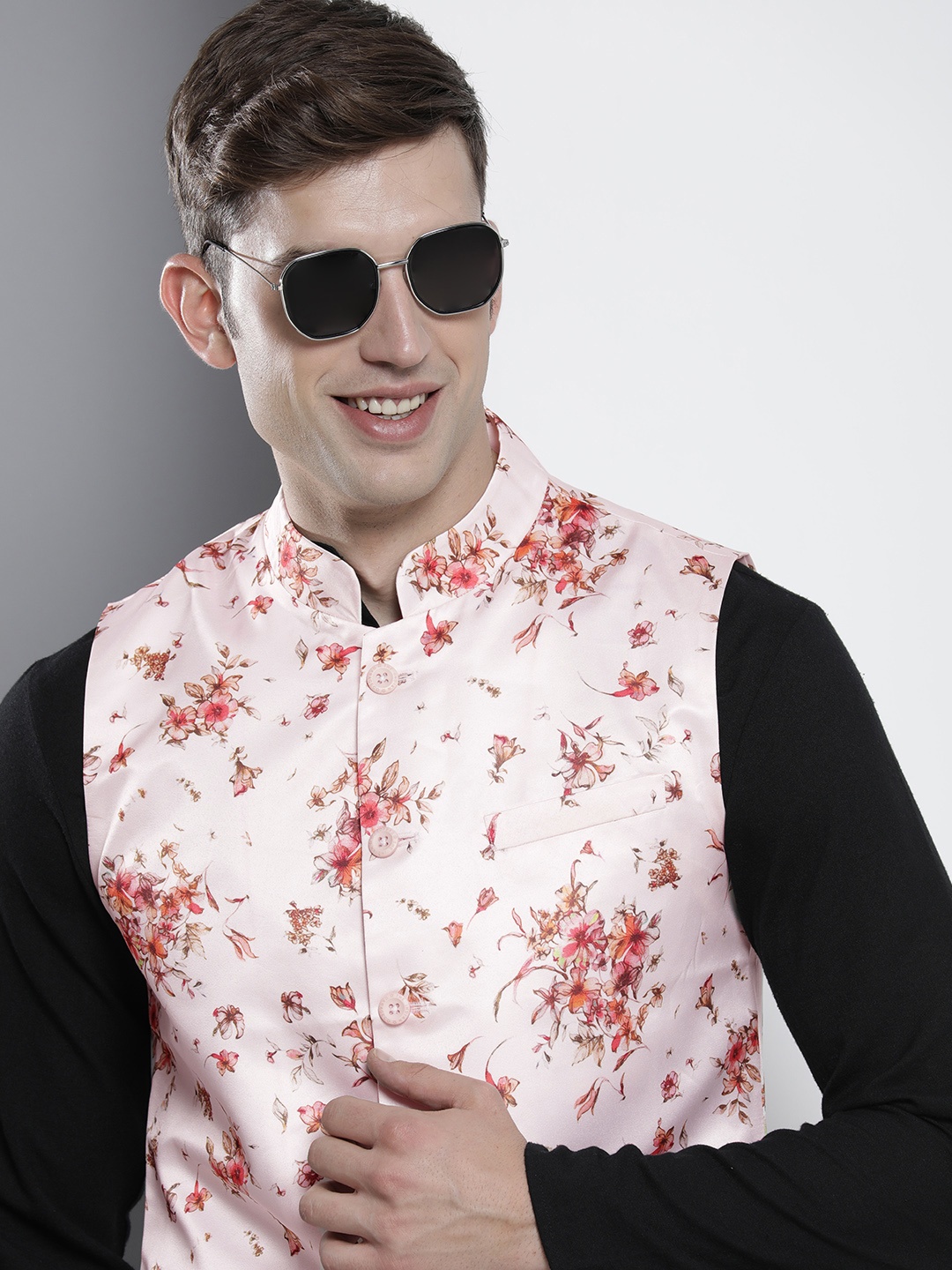 

The Indian Garage Co Floral Printed Mandarin Collar Nehru Jacket, Pink