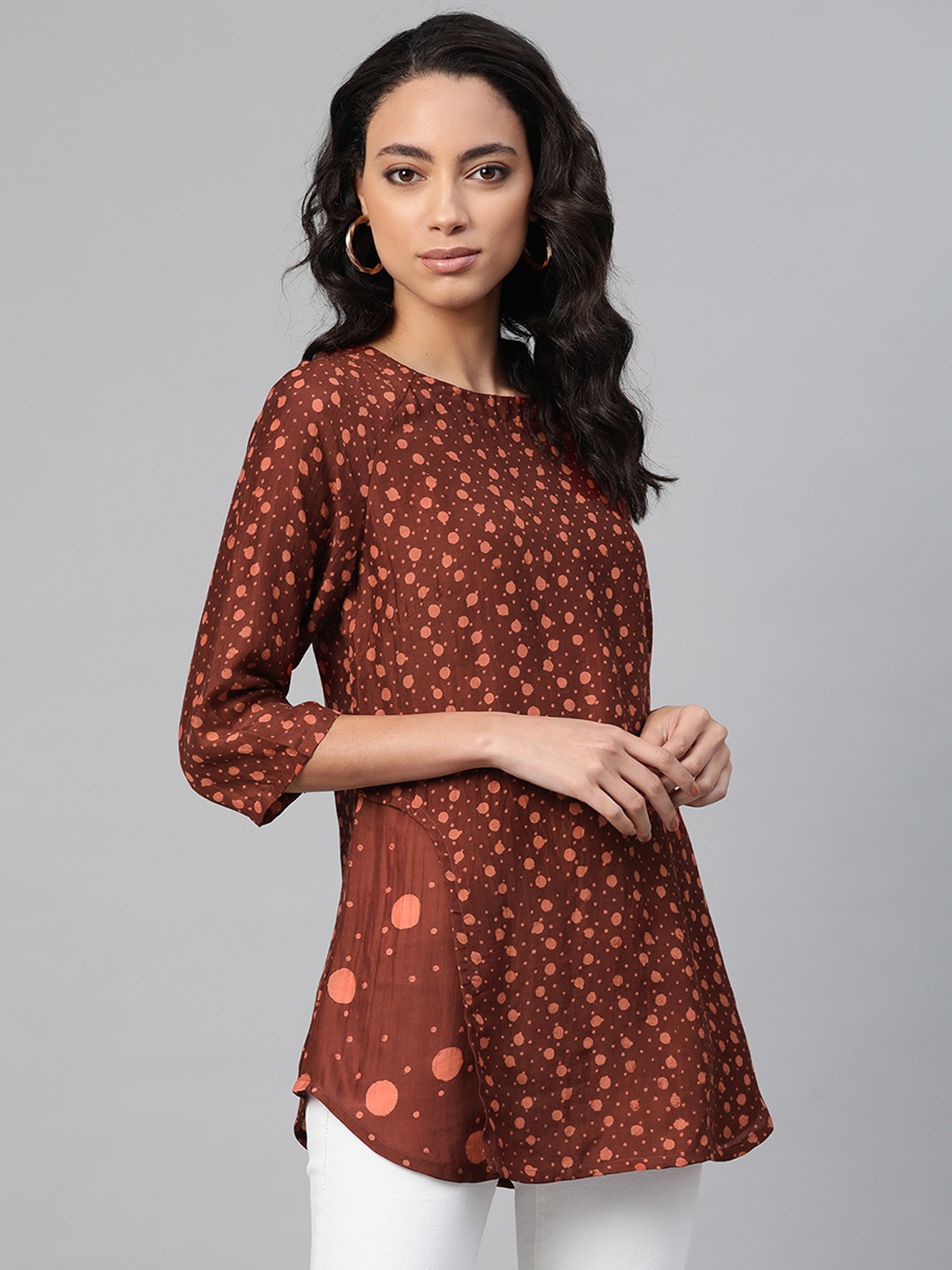 

Fabindia Women Brown Polka Printed Top