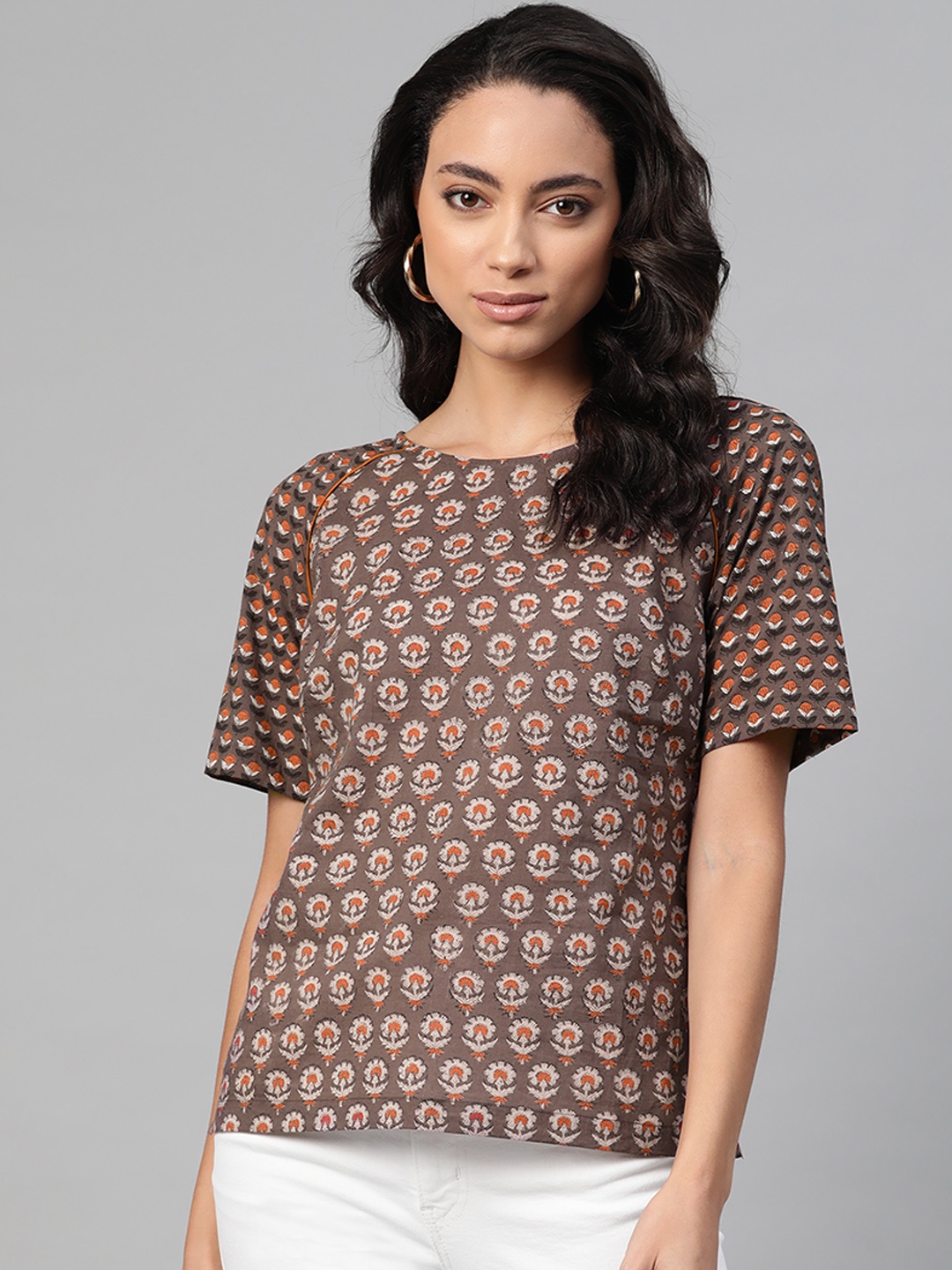 

Fabindia Women Charcoal Grey Pure Cotton Floral Printed Top