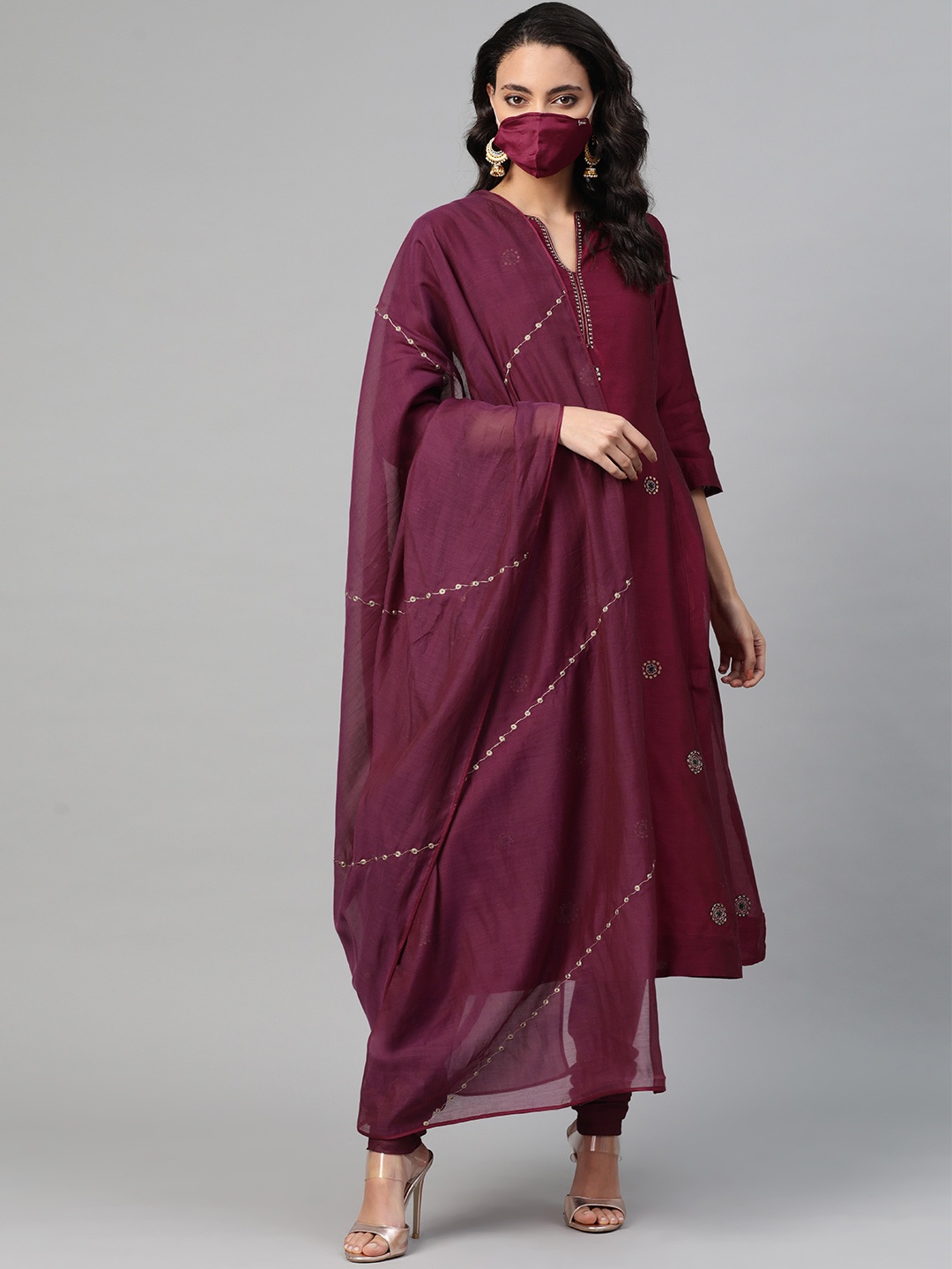 

Fabindia Women Burgundy Golden Self Design Kurta with Churidar, Dupatta