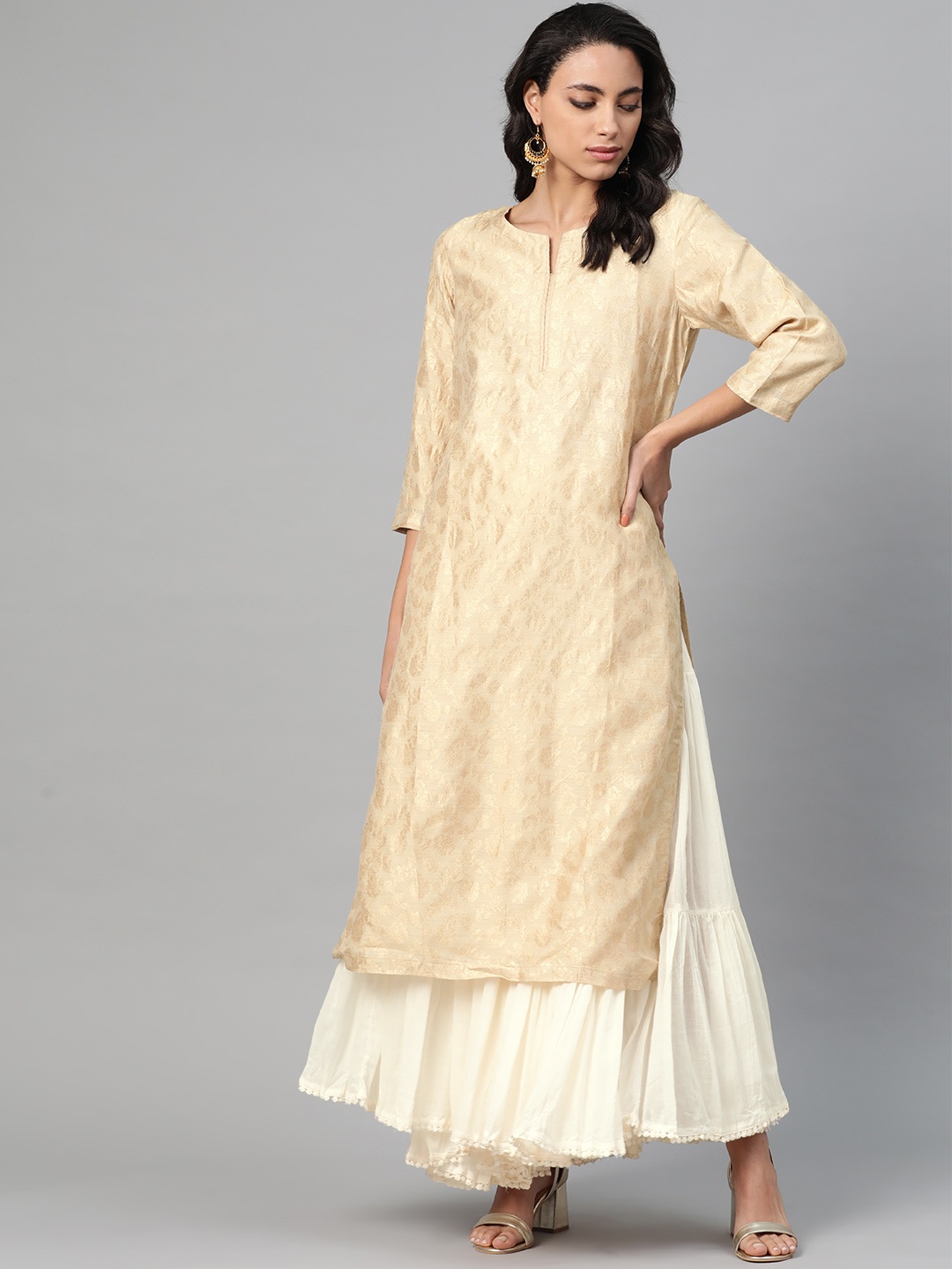 

Fabindia Women Cream-Coloured & Off-White Woven Design Kurta with Sharara