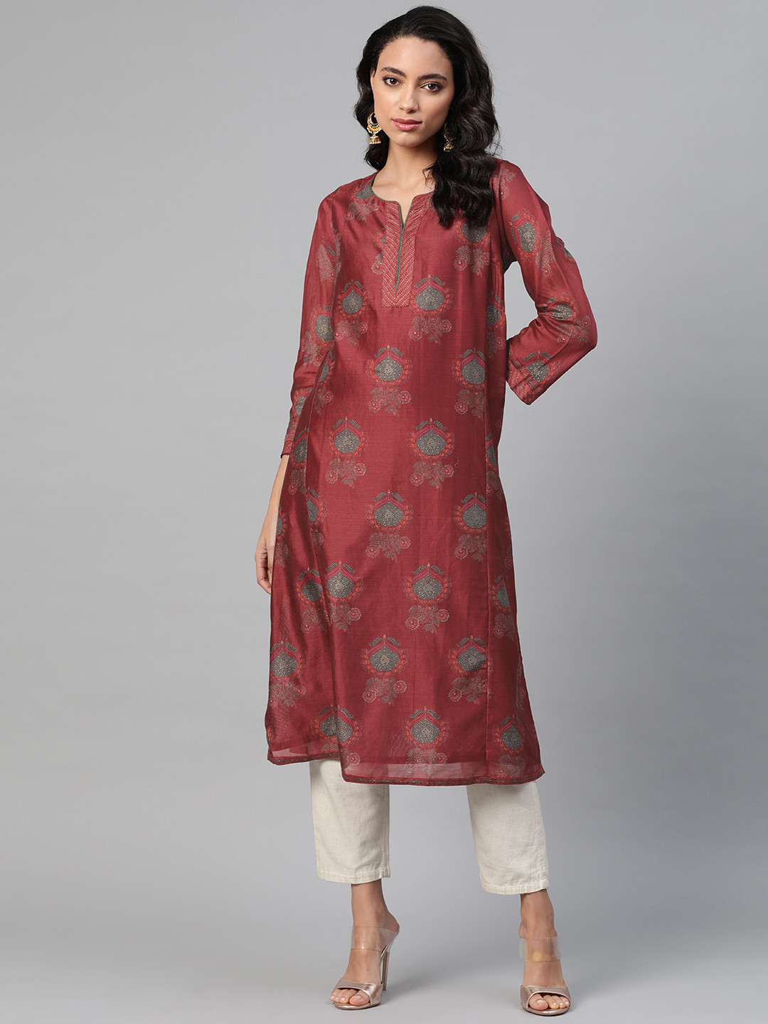 

Fabindia Women Maroon & Green Printed Straight Kurta