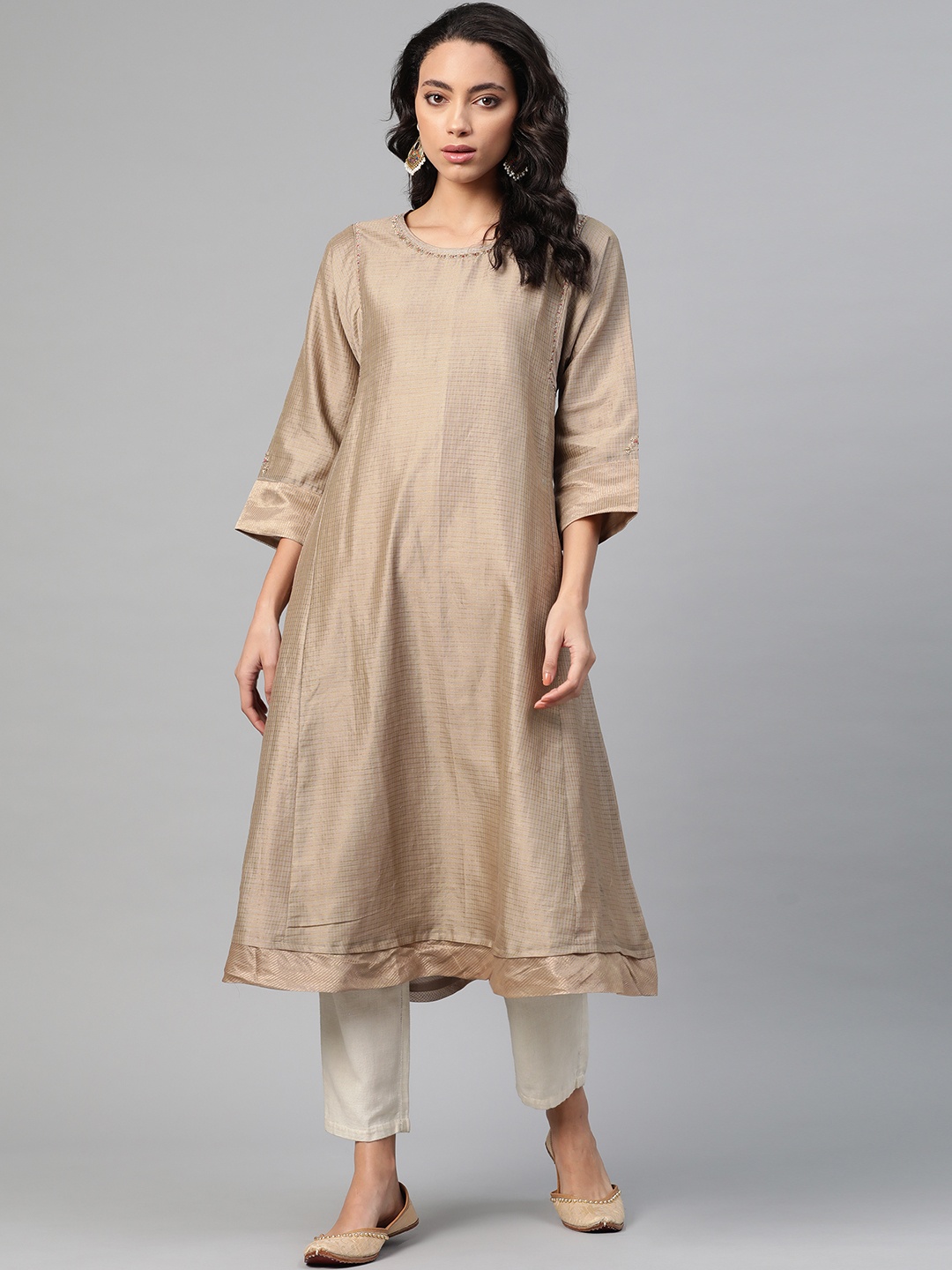 

Fabindia Women Beige & Golden Checked Panelled A-Line Kurta