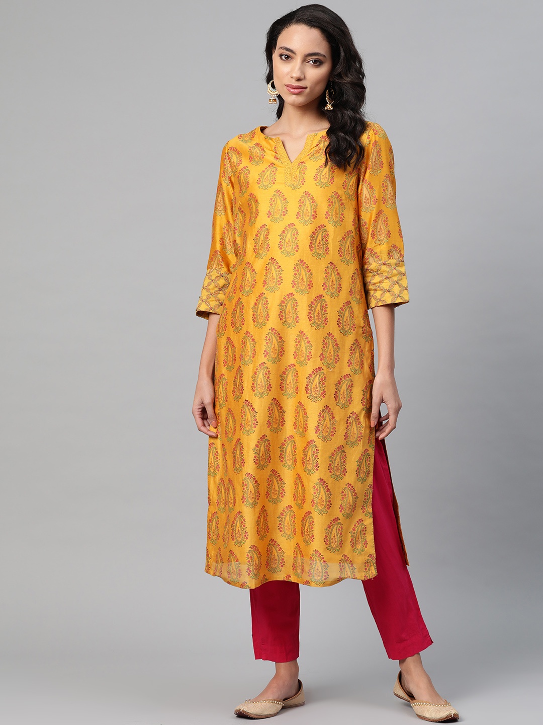 

Fabindia Women Mustard Yellow & Pink Printed Straight Kurta
