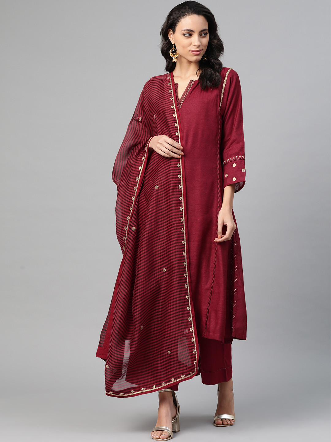 

Fabindia Women Maroon Pure Silk Solid Kurta with Palazzos & Dupatta