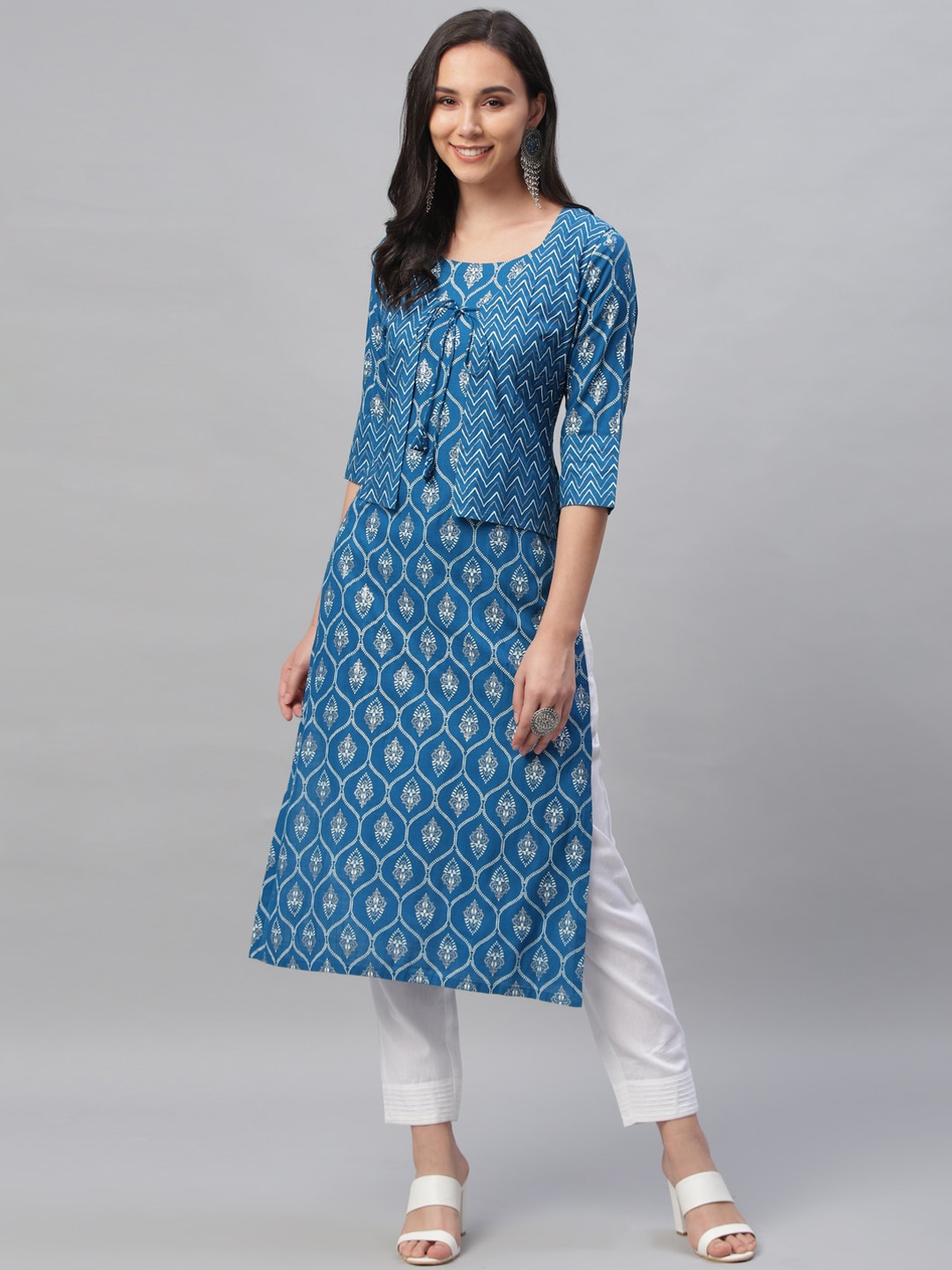 

Libas Women Blue Printed A-Line Kurta with Jacket