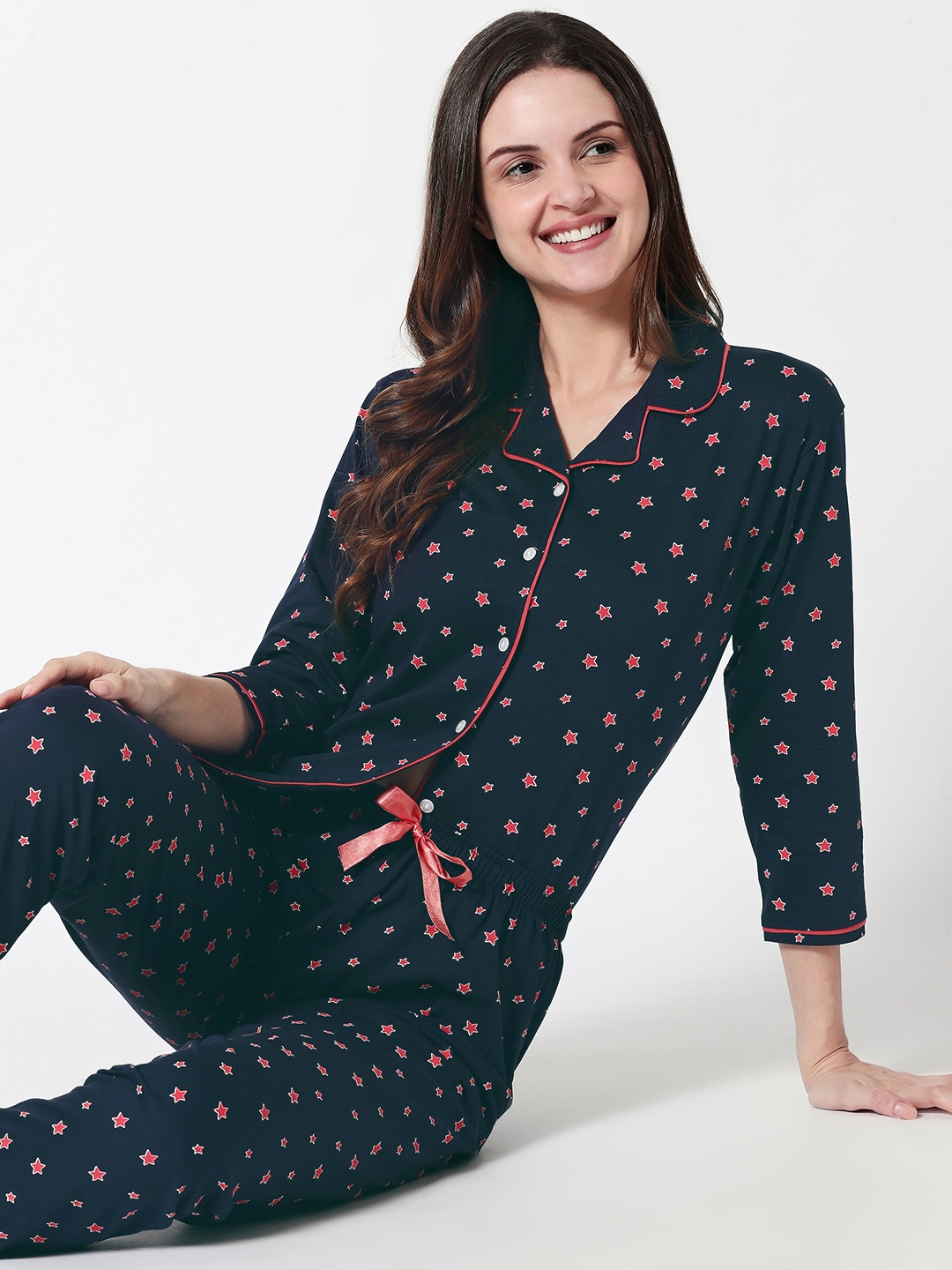 

Zeyo Women Navy Blue & Pink Star Printed Night suit