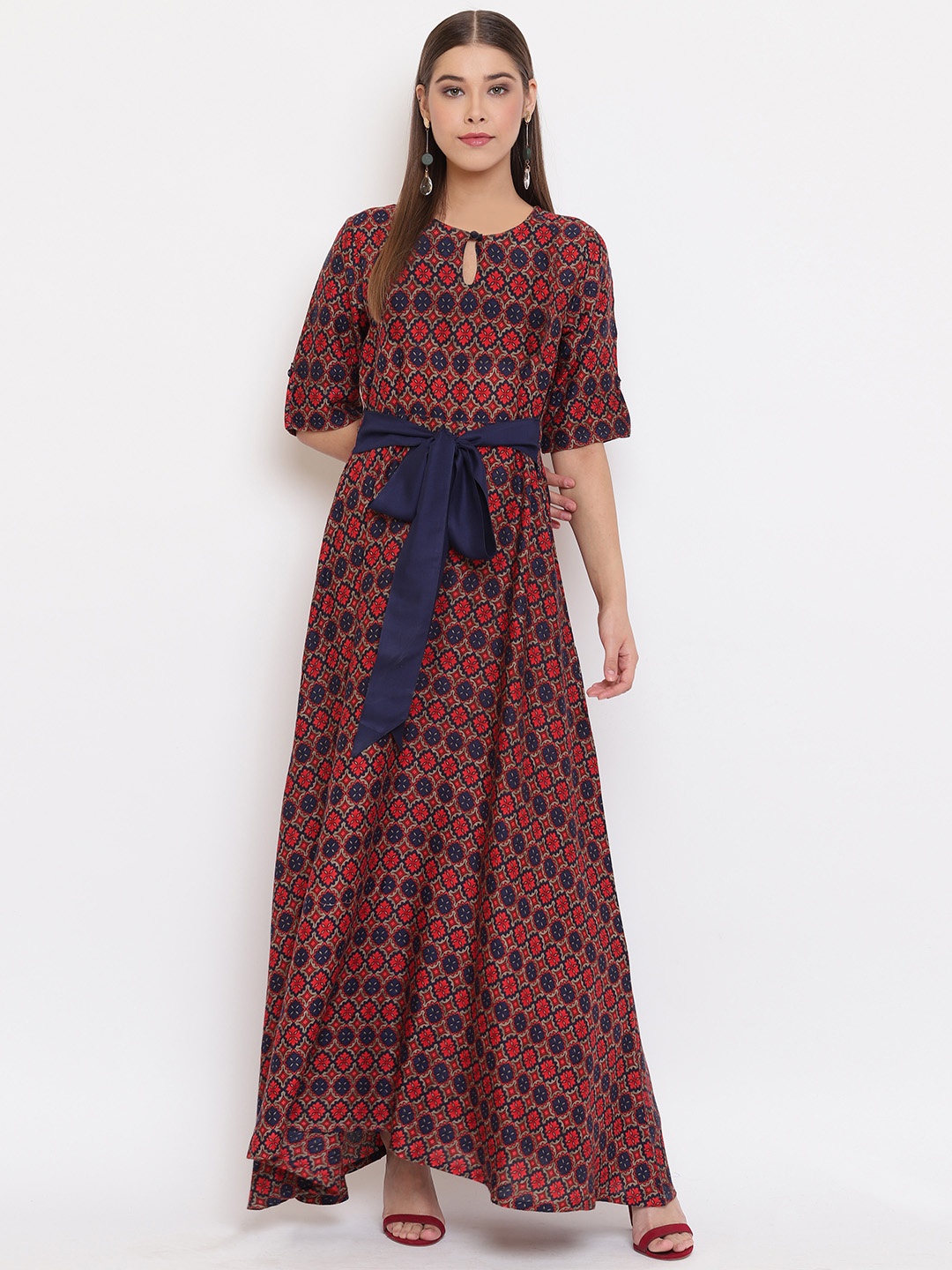 

Janasya Women Red Printed Maxi Dress