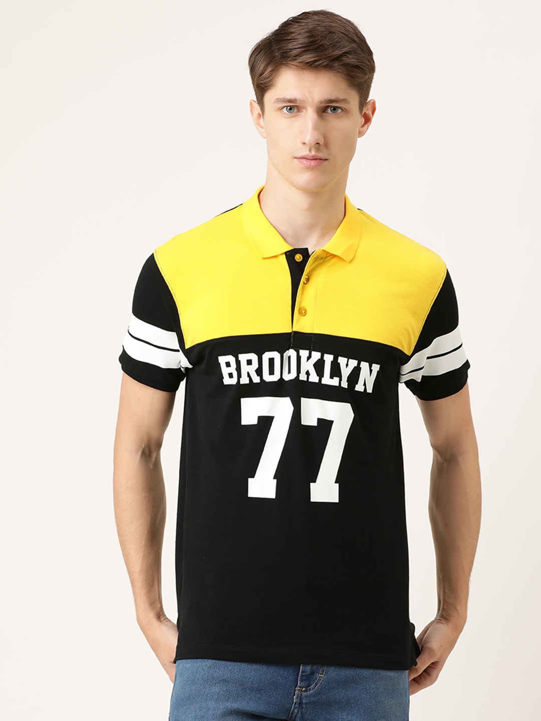 

The Indian Garage Co Men Black Yellow Colourblocked Polo Collar Pure Cotton T-shirt