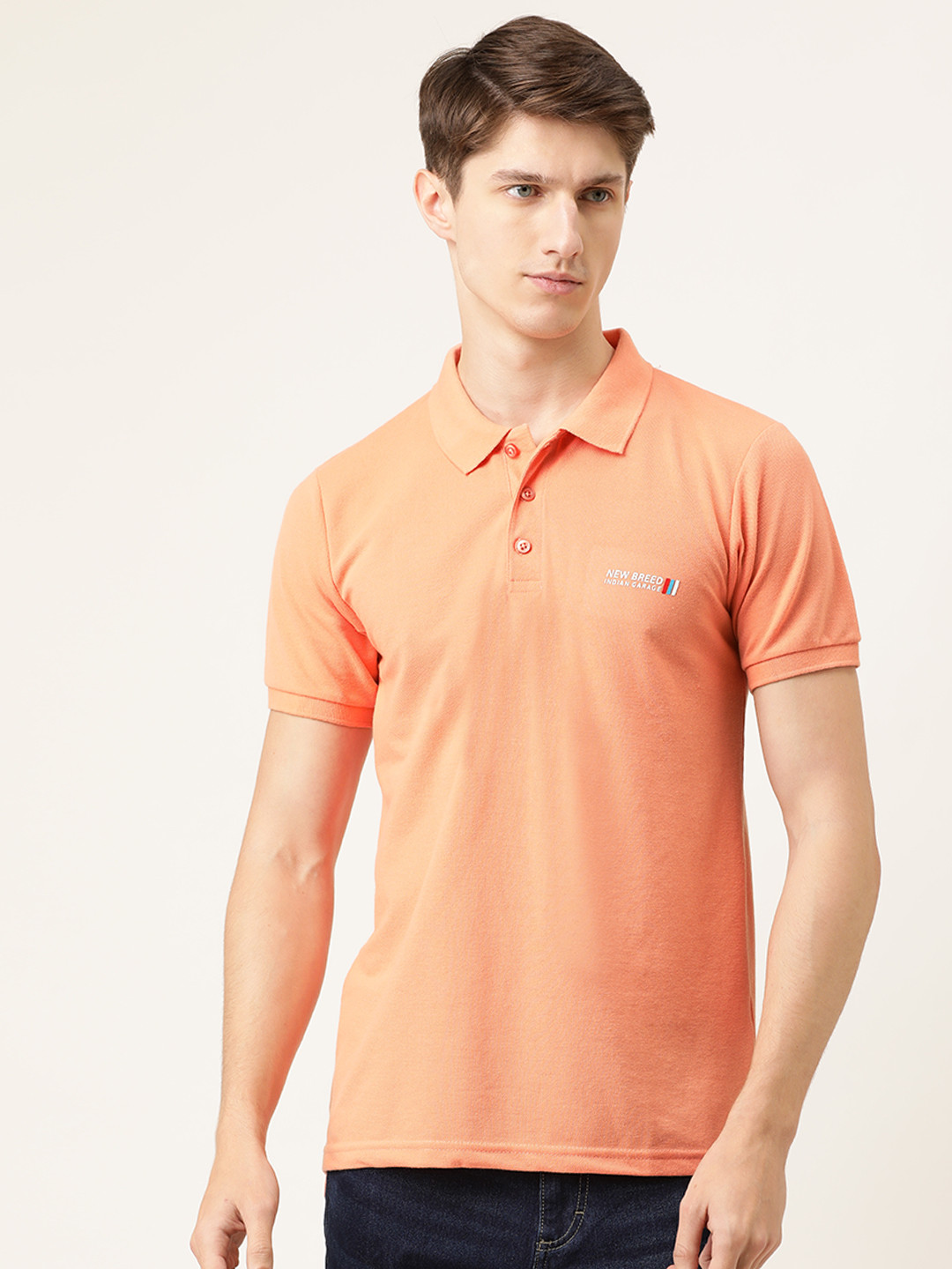 

The Indian Garage Co Men Peach-Coloured Solid Polo Collar T-shirt