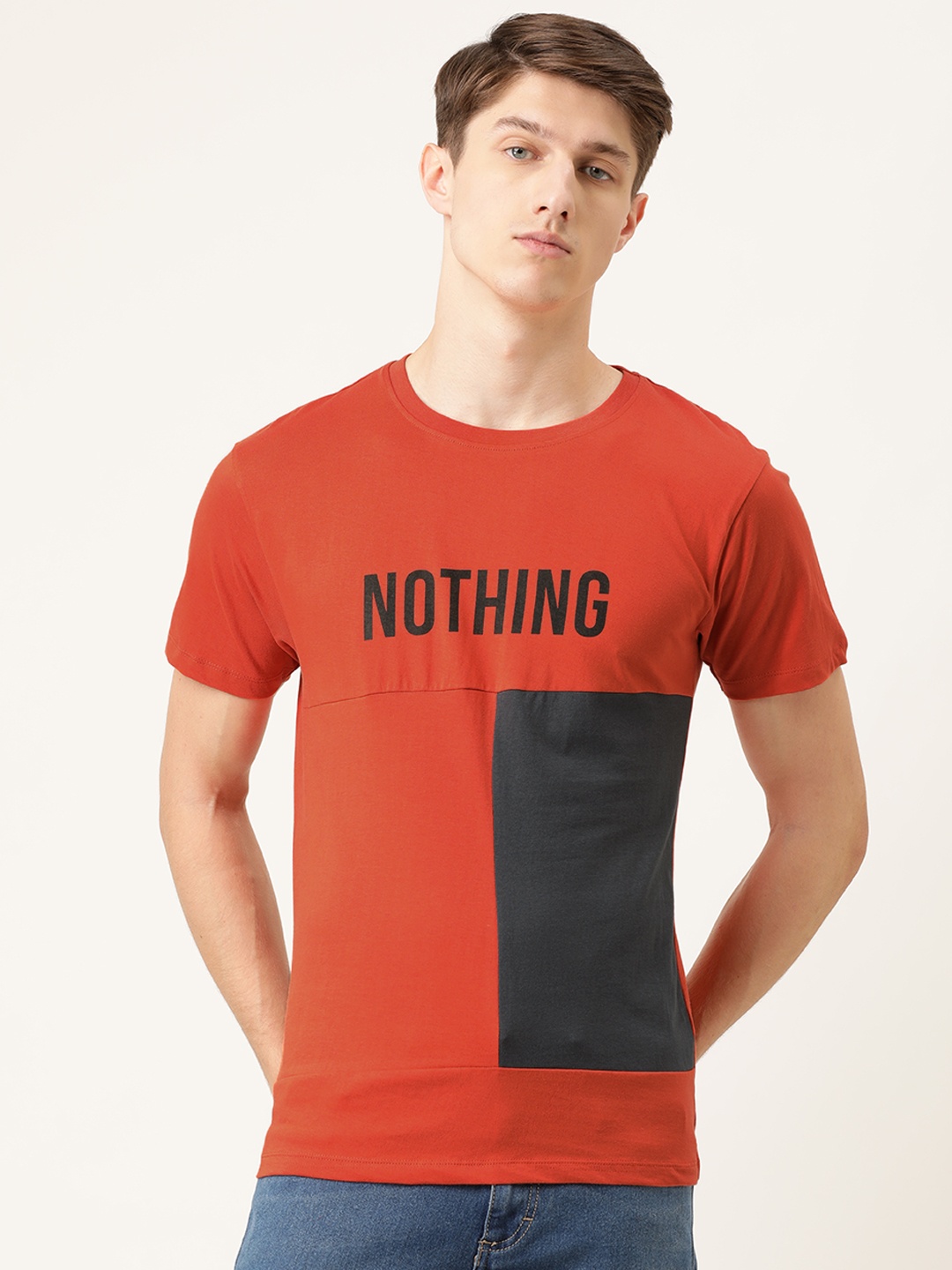 

The Indian Garage Co Men Rust Orange Charcoal Grey Colourblocked Round Neck Pure Cotton T-shirt