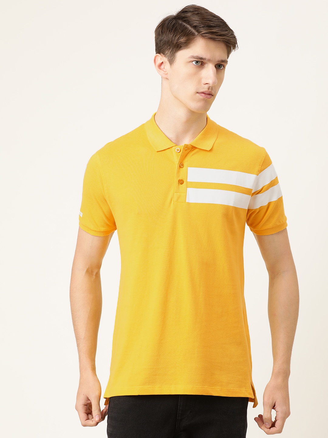 

The Indian Garage Co Men Yellow Solid Polo Collar Pure Cotton T-shirt With Placement Striped Detailing