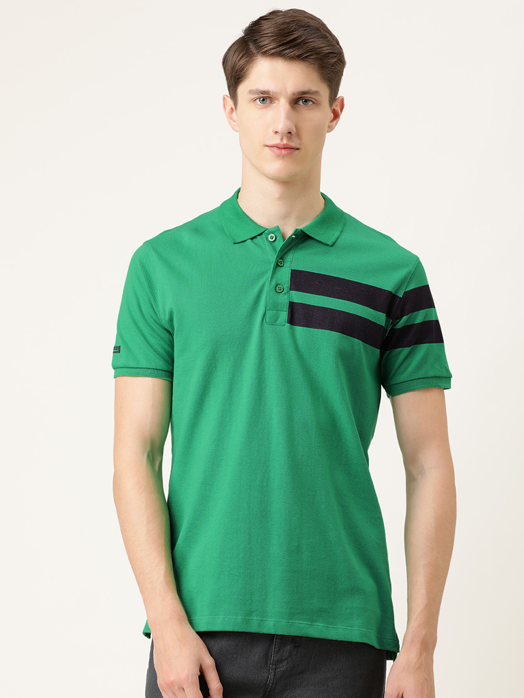 

The Indian Garage Co Men Green Black Striped Polo Collar Pure Cotton T-shirt
