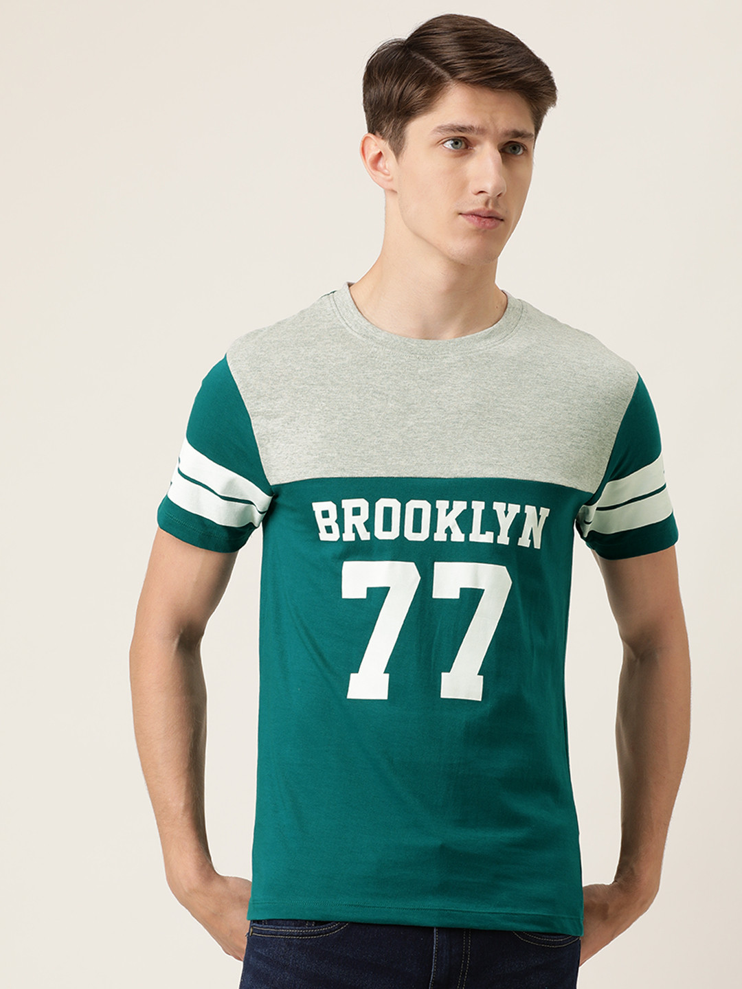 

The Indian Garage Co Men Teal Green & Grey Printed Round Neck T-shirt