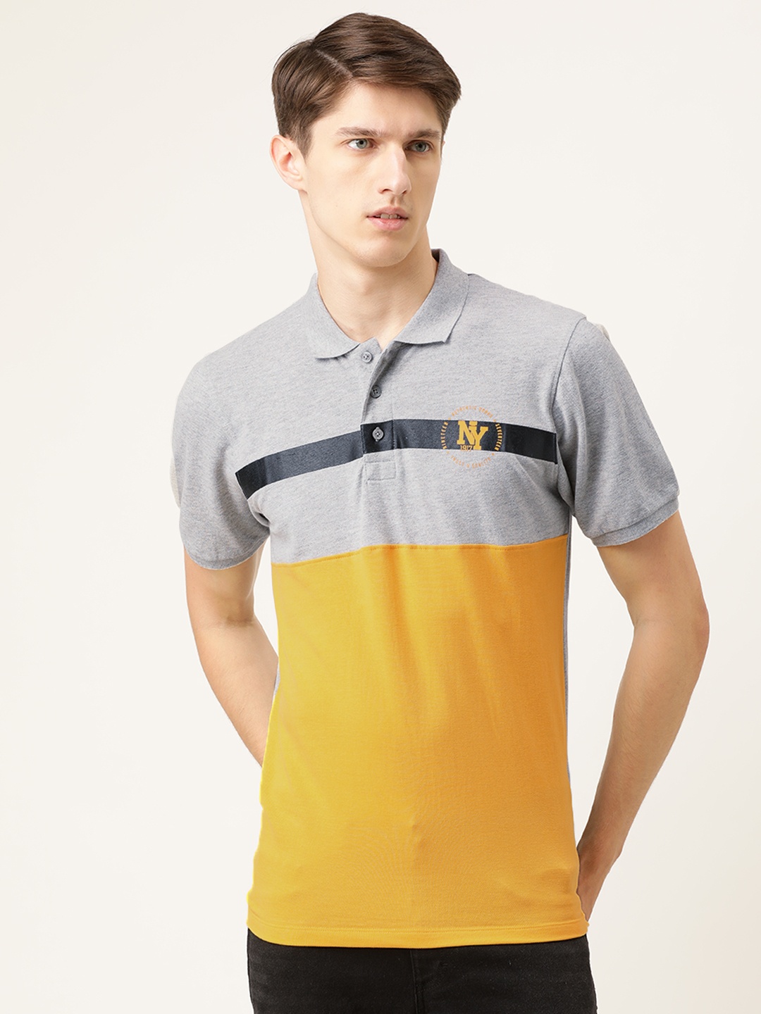 

The Indian Garage Co Men Mustard Yellow Grey Colourblocked Polo Collar Pure Cotton T-shirt