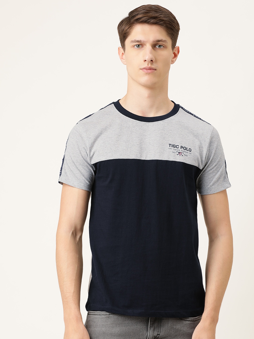 

The Indian Garage Co Men Navy Blue Grey Melange Colourblocked Round Neck Pure Cotton T-shirt