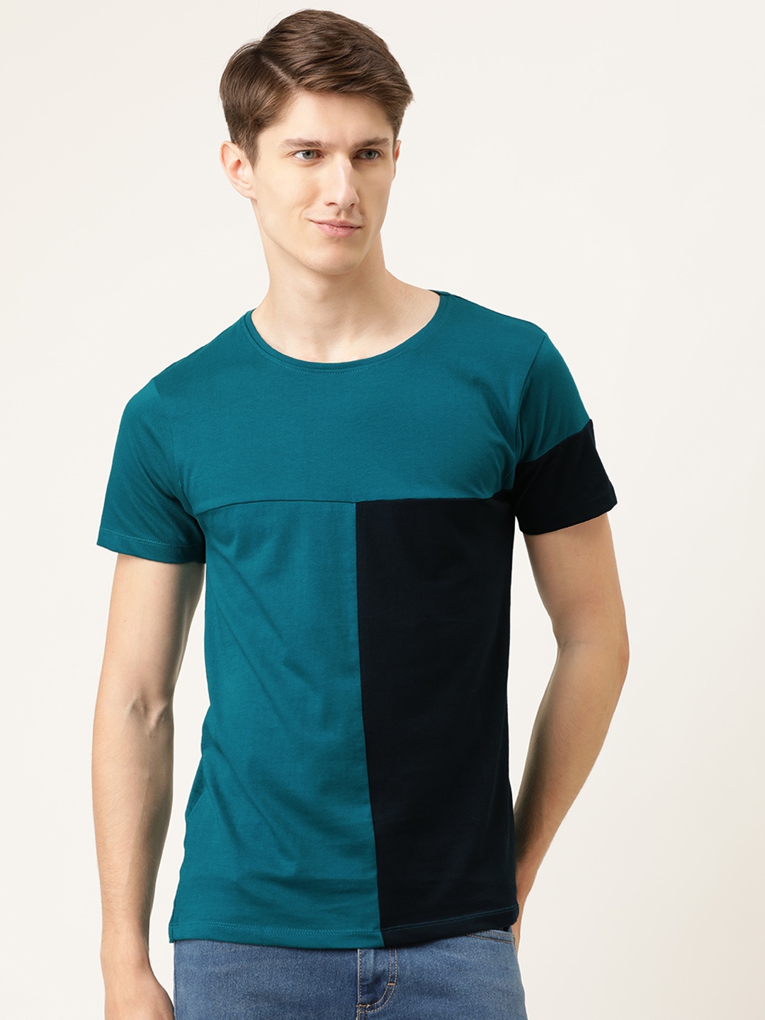 

The Indian Garage Co Men Teal Blue Navy Blue Colourblocked Round Neck Pure Cotton T-shirt