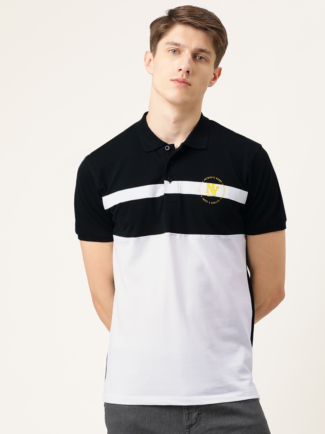 

The Indian Garage Co Men White Black Colourblocked Polo Collar Pure Cotton T-shirt