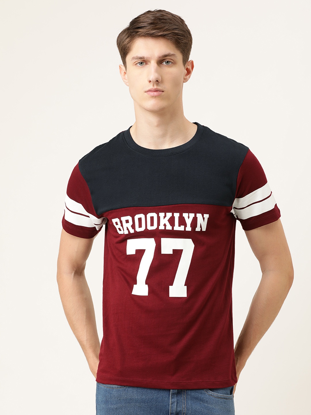 

The Indian Garage Co Men Burgundy & Navy Blue Colourblocked Round Neck T-shirt