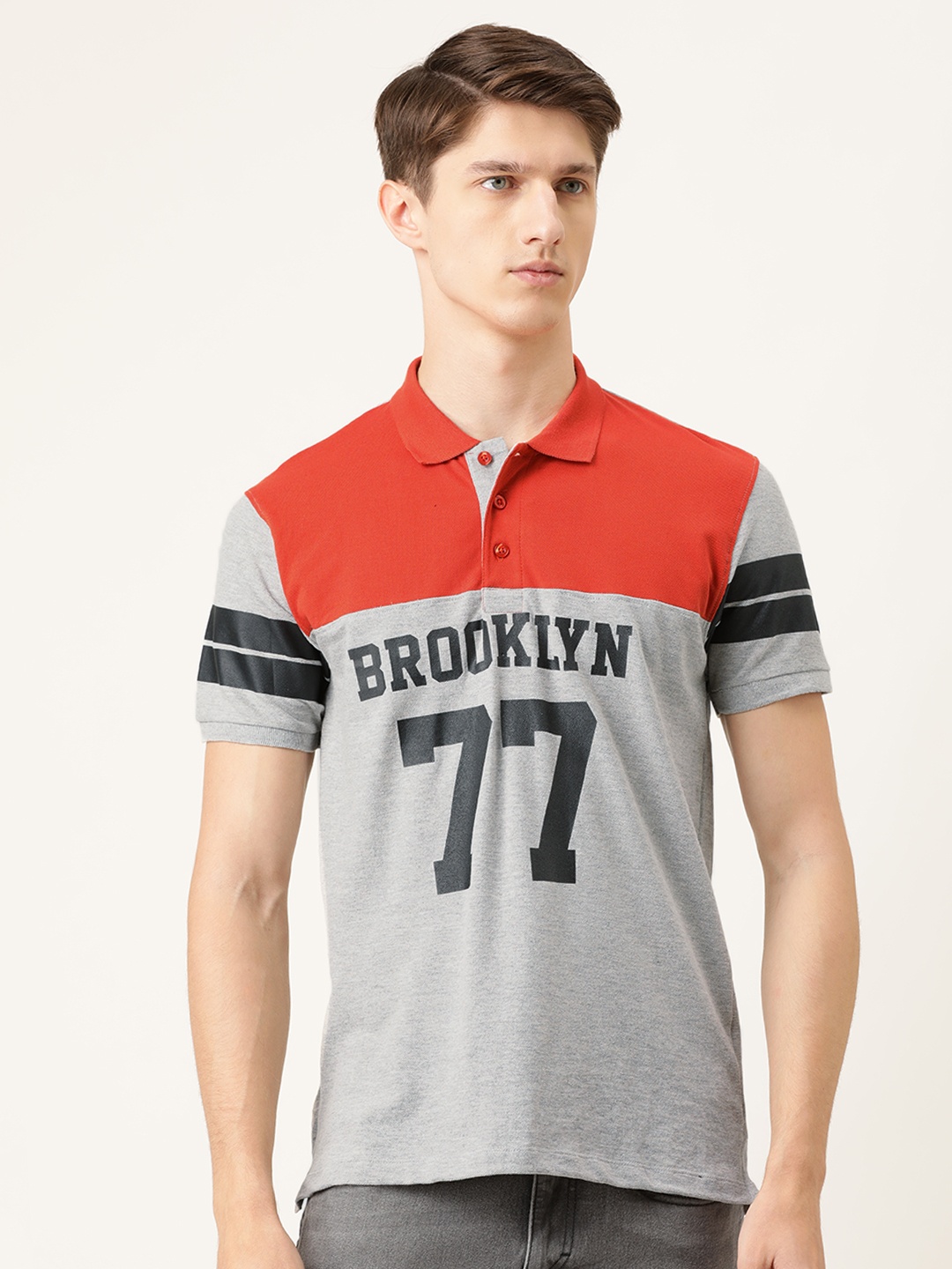 

The Indian Garage Co Men Grey Melange & Orange Printed Polo Collar T-shirt