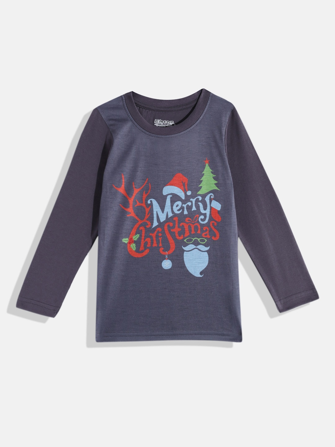 

Eteenz Boys Christmas Printed Pure Cotton T-shirt, Charcoal