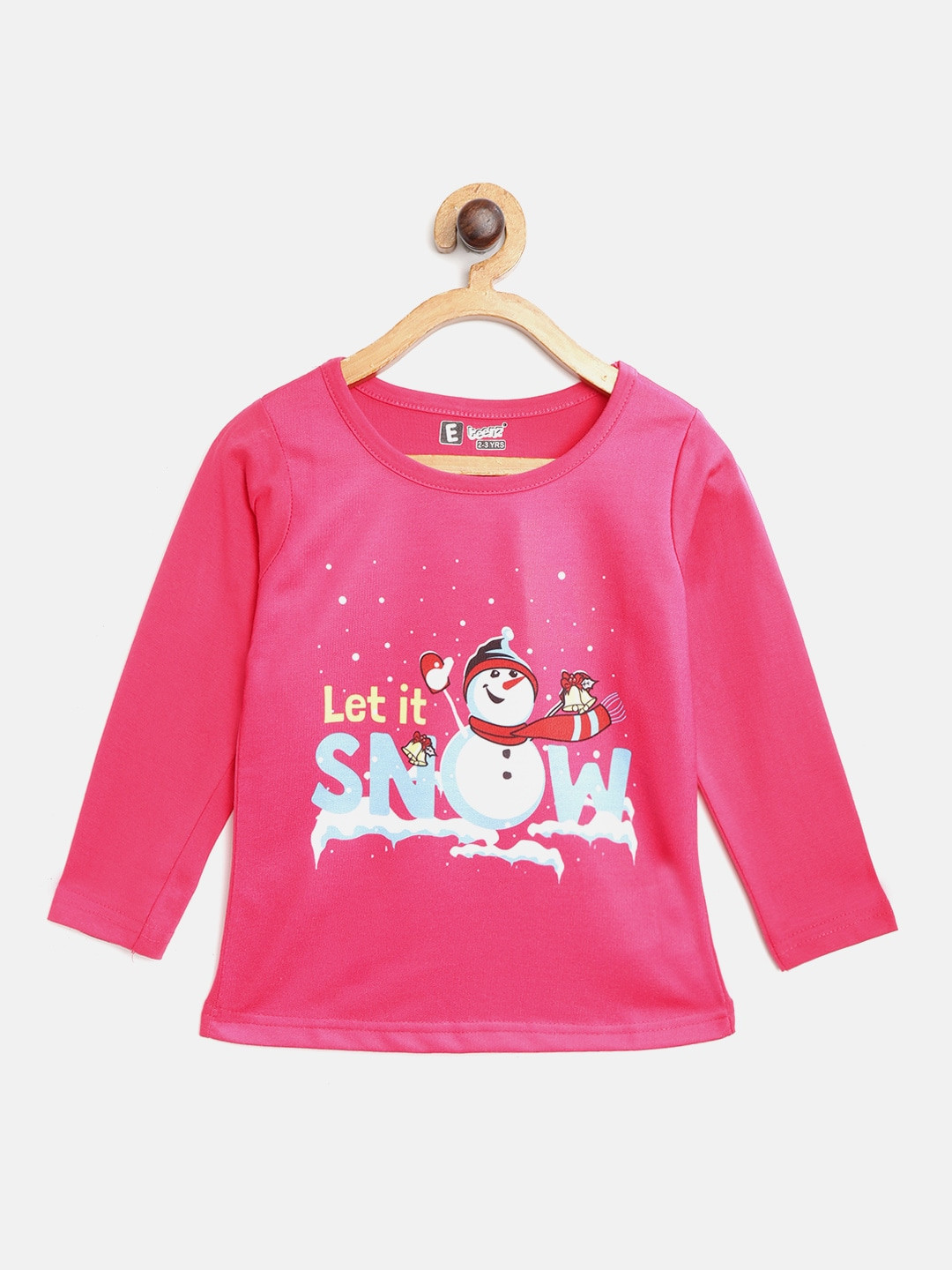 

Eteenz Girls Fuchsia Blue Pure Cotton Snowman Printed Round Neck Pure Cotton T-shirt