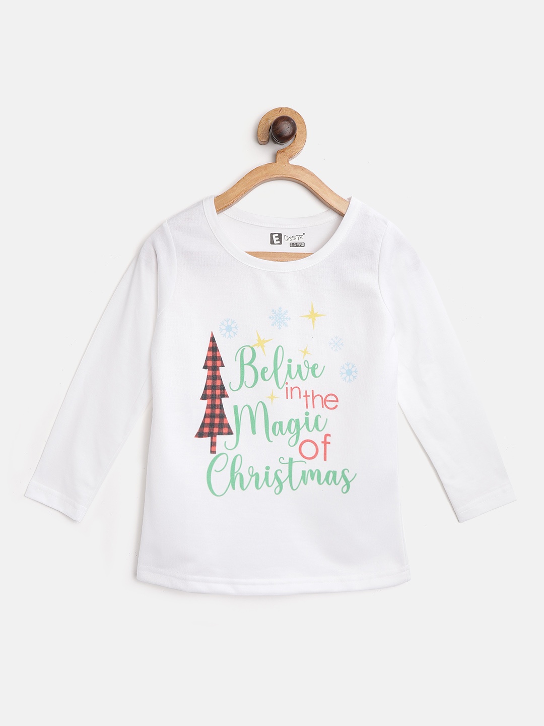 

Eteenz Girls White Green Pure Cotton Christmassy Printed Round Neck Pure Cotton T-shirt