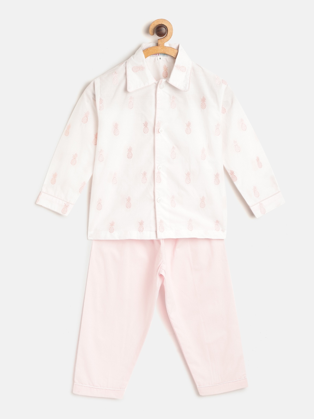 

Kids Clan Kids White & Pink Tropical Embroidered Night suit