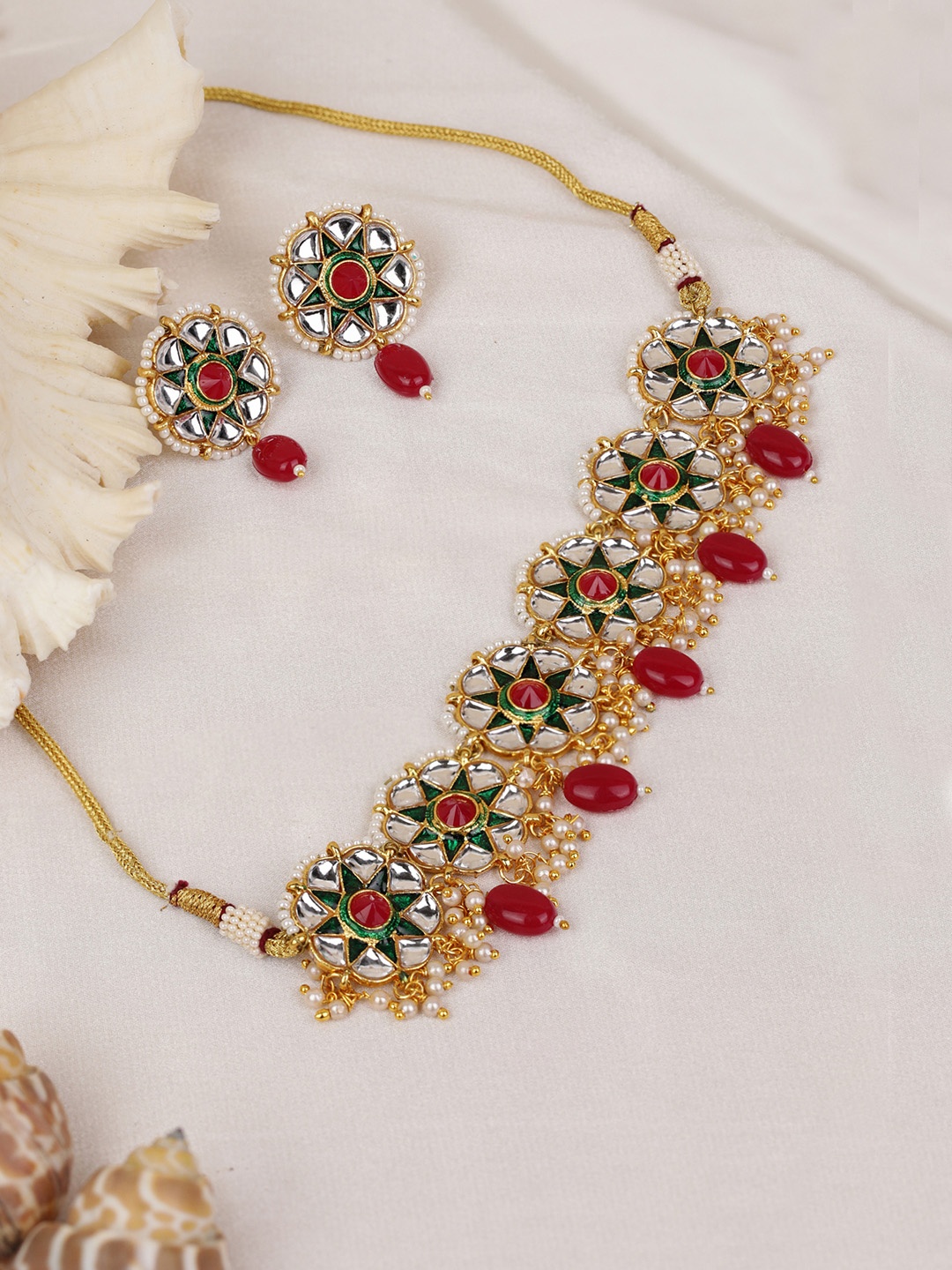 

Priyaasi Green & Red Gold-Plated Kundan & Ruby Studded Handcrafted Choker Jewellery Set