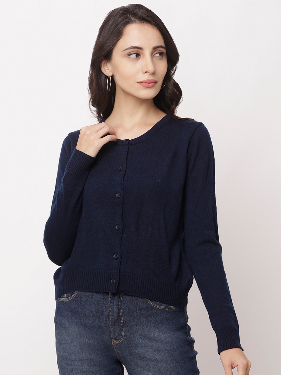 

Globus Women Navy Blue Solid Front-Open Sweater