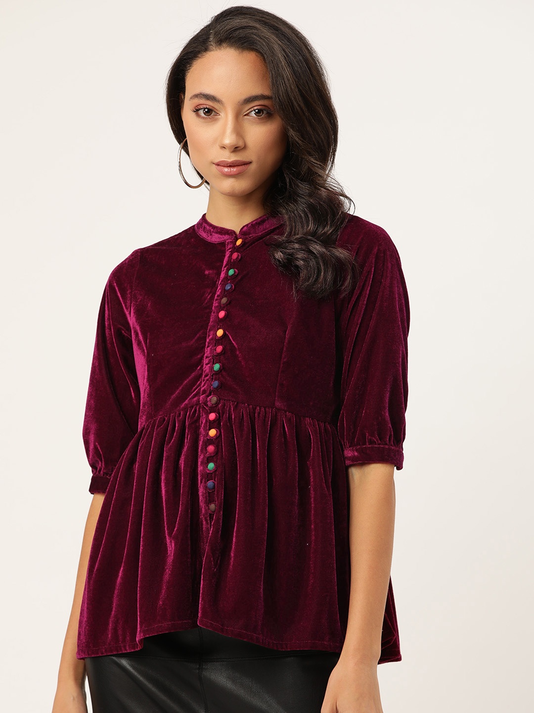 

Shae by SASSAFRAS Women Burgundy Solid A-Line Top With Velvet Finish