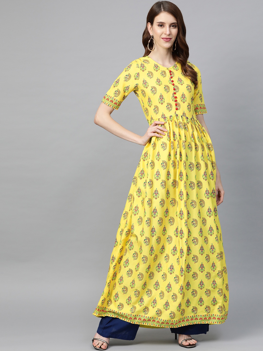 

Meeranshi Women Yellow & Green Printed A-Line Kurta