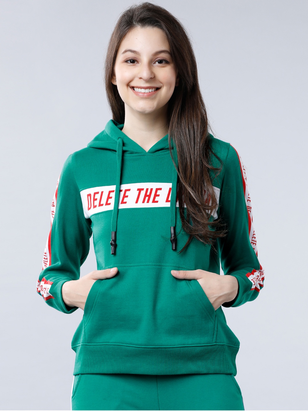 

Tokyo Talkies Women Green & White Colourblocked Hooded Sweatshirt