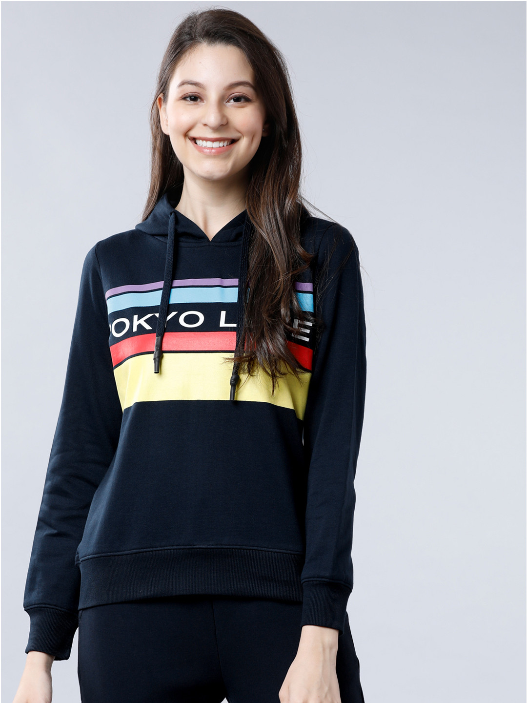 

Tokyo Talkies Women Navy Blue Printed Hooded Sweatshirt