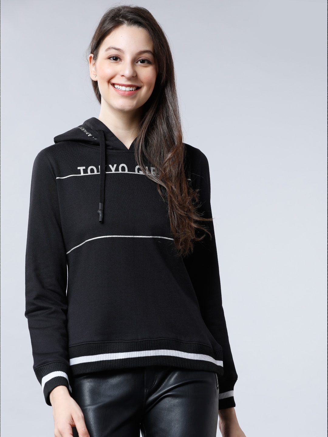 

Tokyo Talkies Women Black & White Printed Hooded Sweatshirt