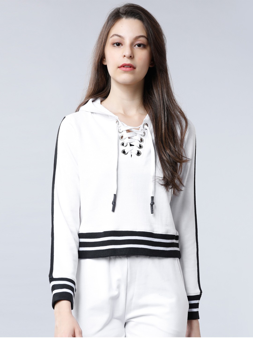 

Tokyo Talkies Women White & Black Striped Hooded Sweatshirt