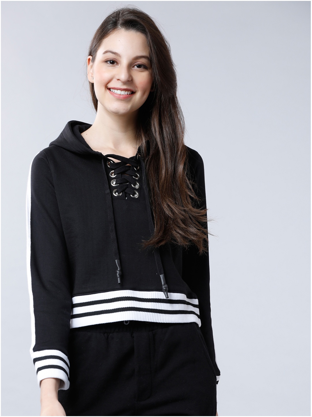 

Tokyo Talkies Women Black & White Striped Hooded Sweatshirt
