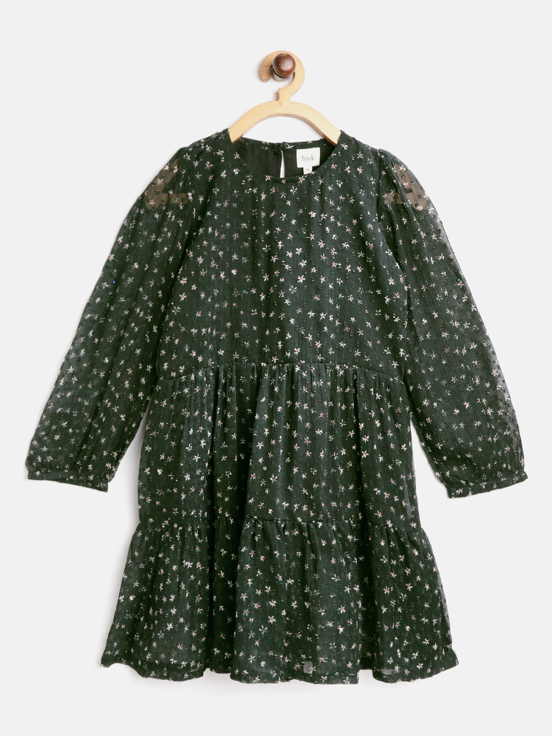 

luyk Girls Green & Off-white Floral Print Tiered A-Line Dress