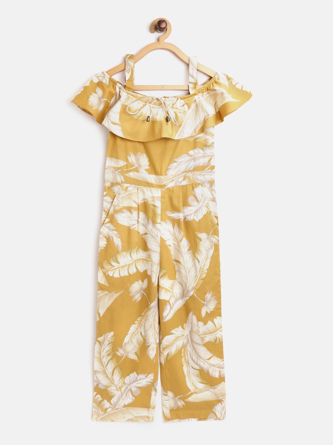 

luyk Girls Mustard Yellow & Off-White Leaf Print Off-Shoulder Cotton Basic Jumpsuit