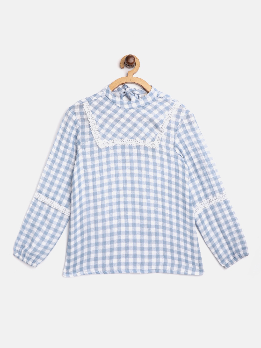 

luyk Girls Blue & White Checked Pure Cotton Top with Lace Inserts