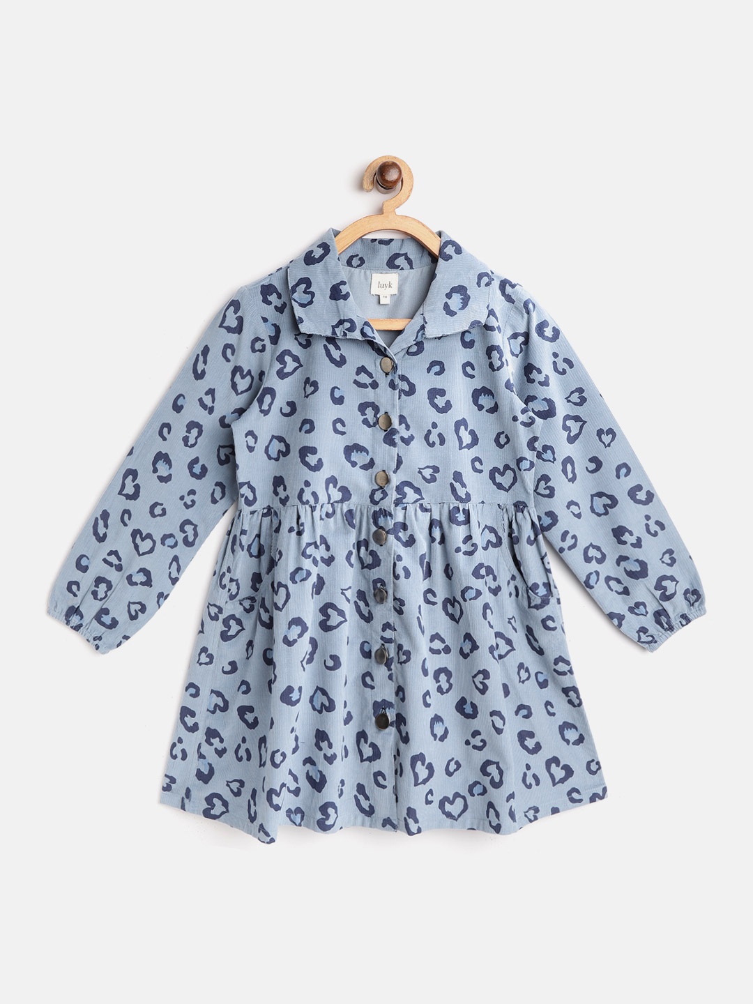 

luyk Girls Blue Hearts Print Corduroy Shirt Dress