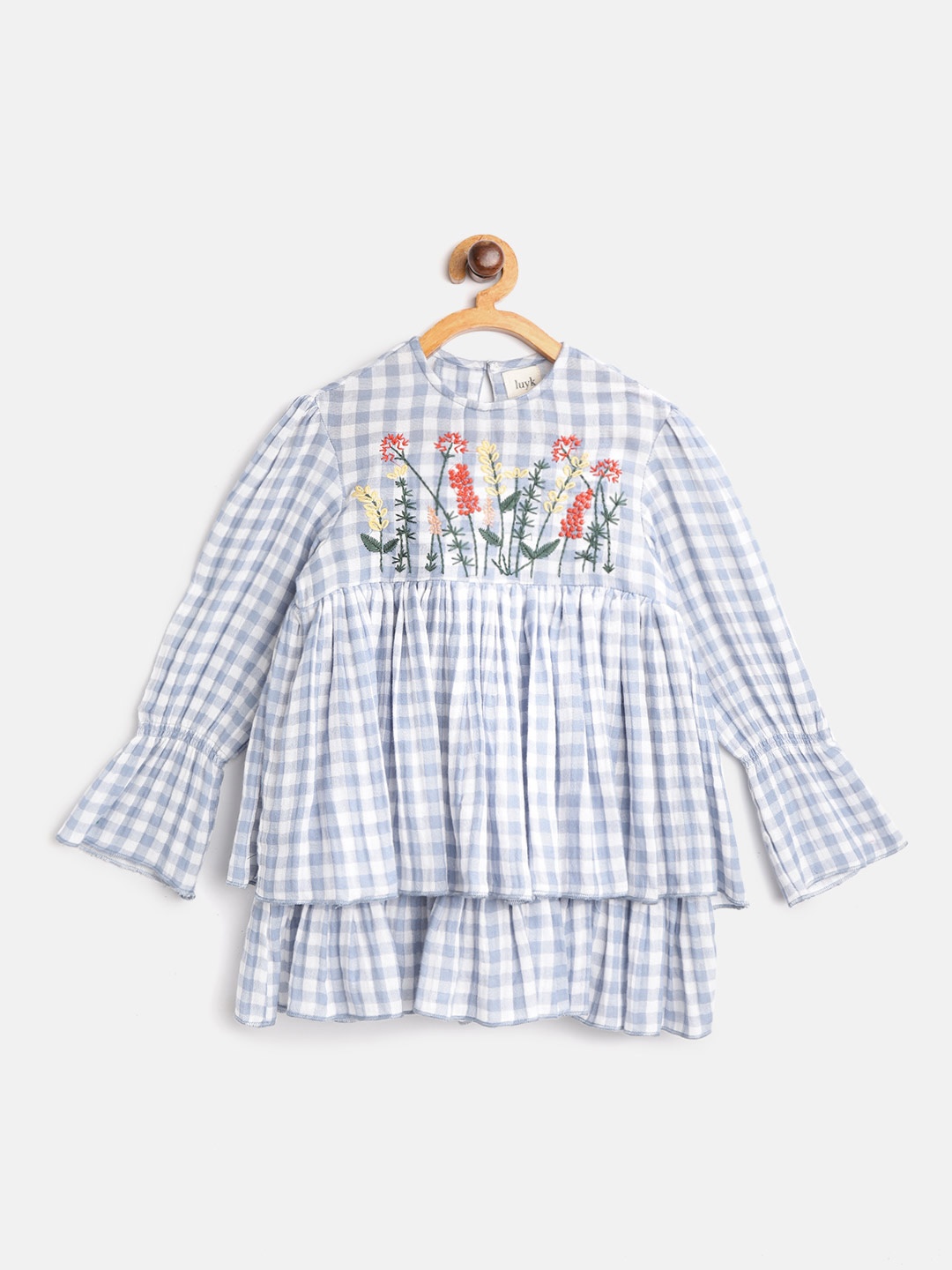 

luyk Girls Blue & White Checked Floral Embroidery Layered Cotton A-Line Dress