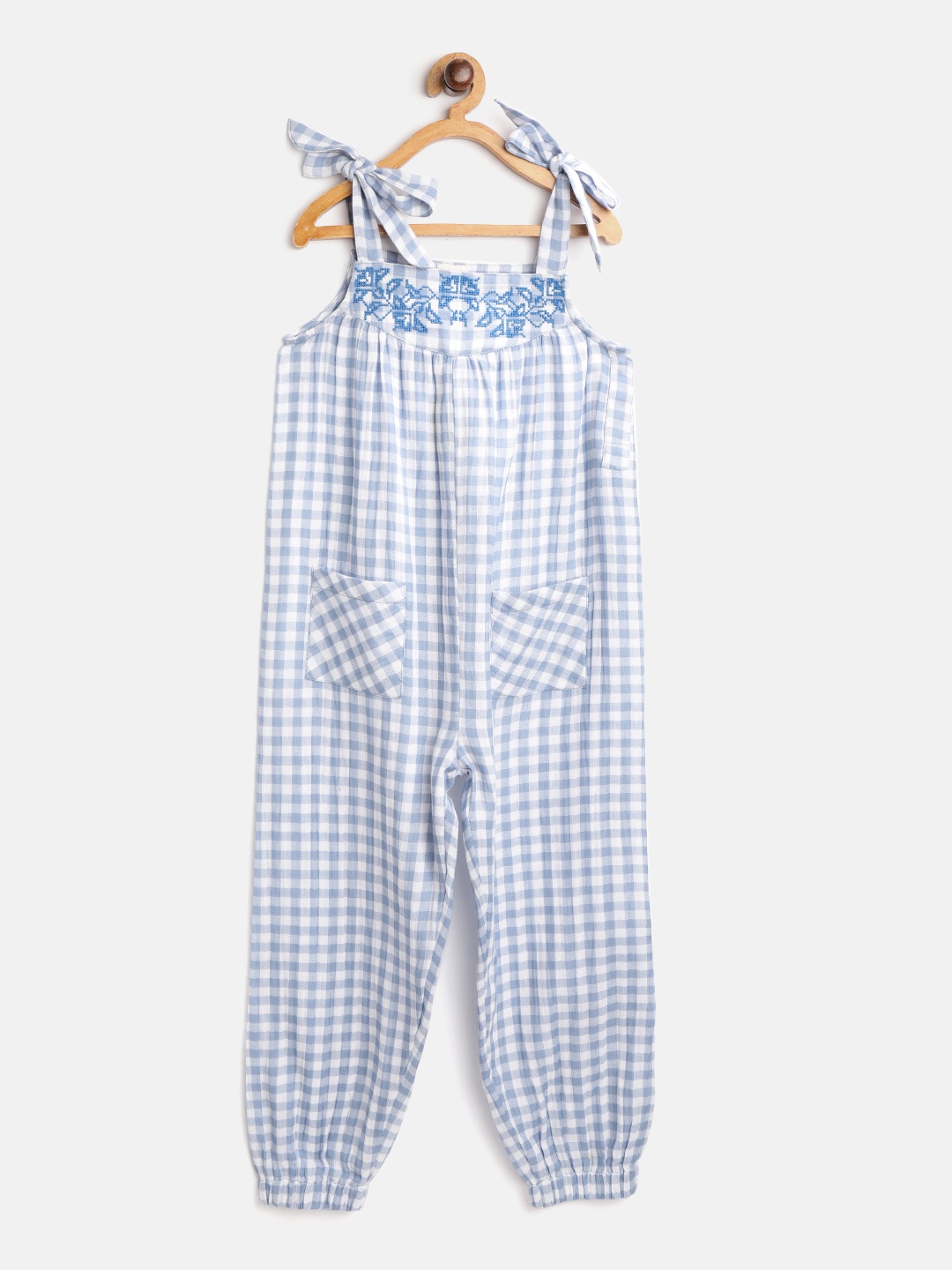 

luyk Girls Blue & White Checked Cotton Jogger Jumpsuit