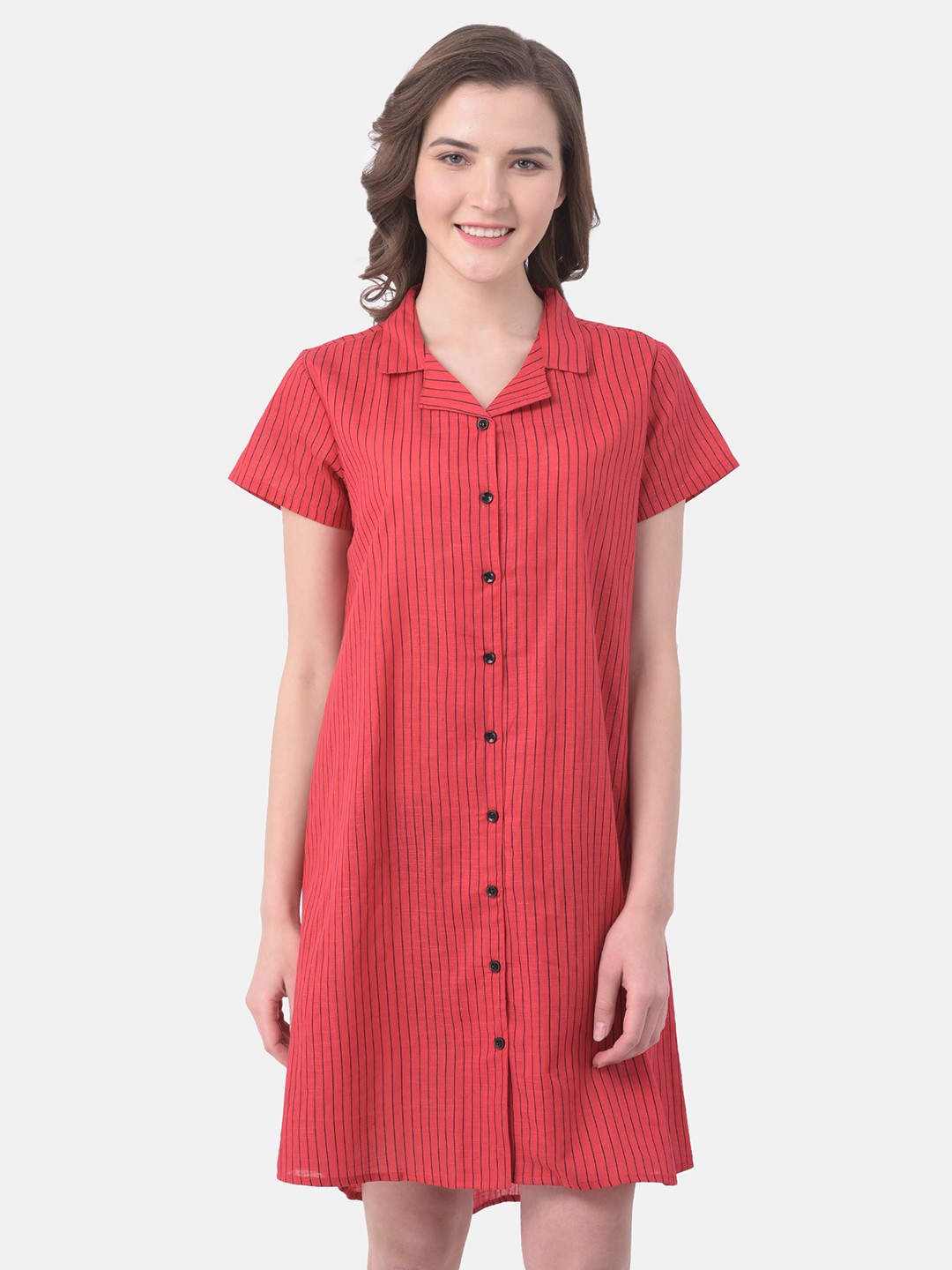 

Clovia Women Red & Navy Blue Striped Pure Cotton Nightdress