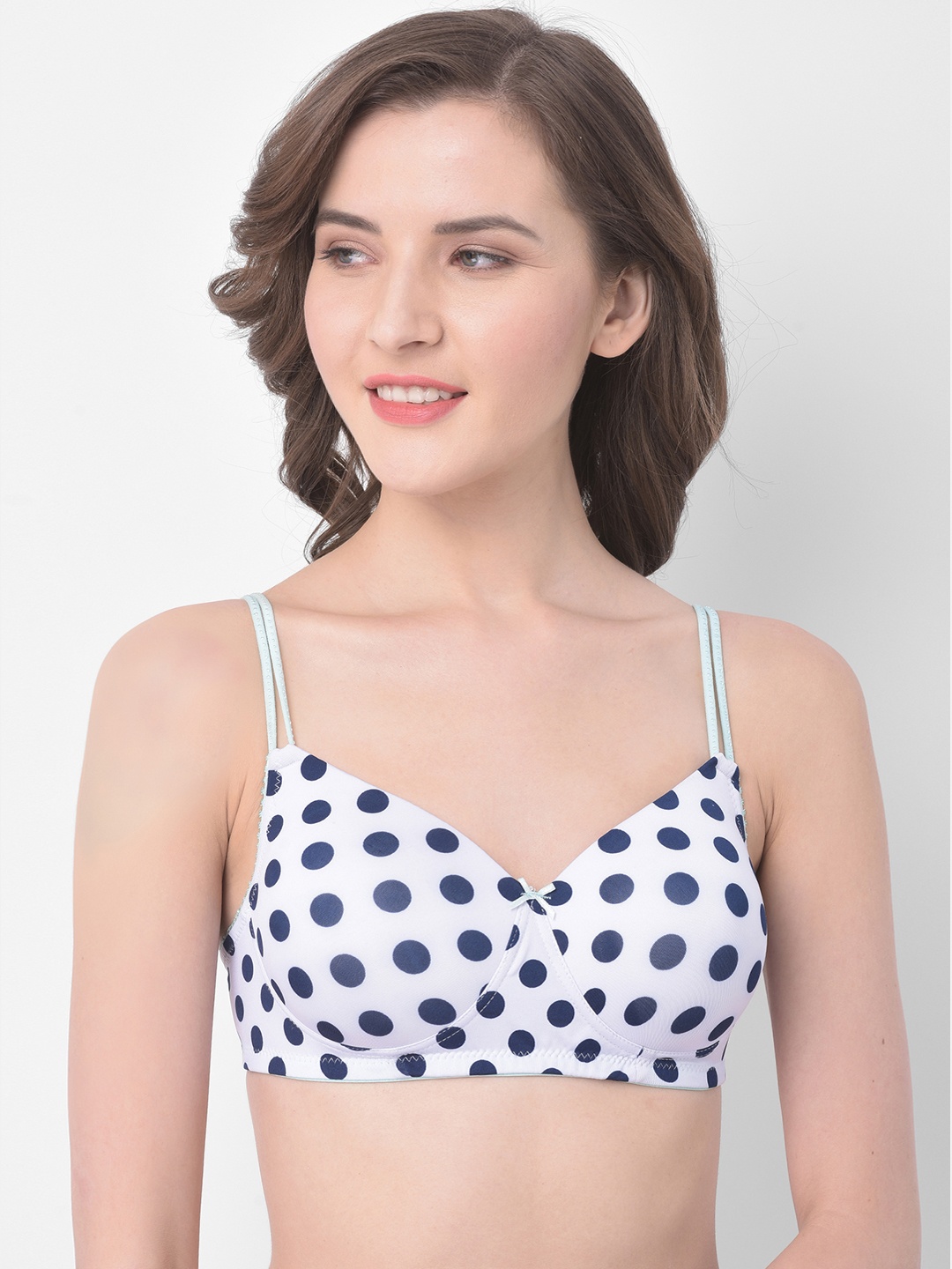 

Clovia White & Navy Blue Polka Printed Non-Wired Lightly Padded T-shirt Bra BR1067Q1832B